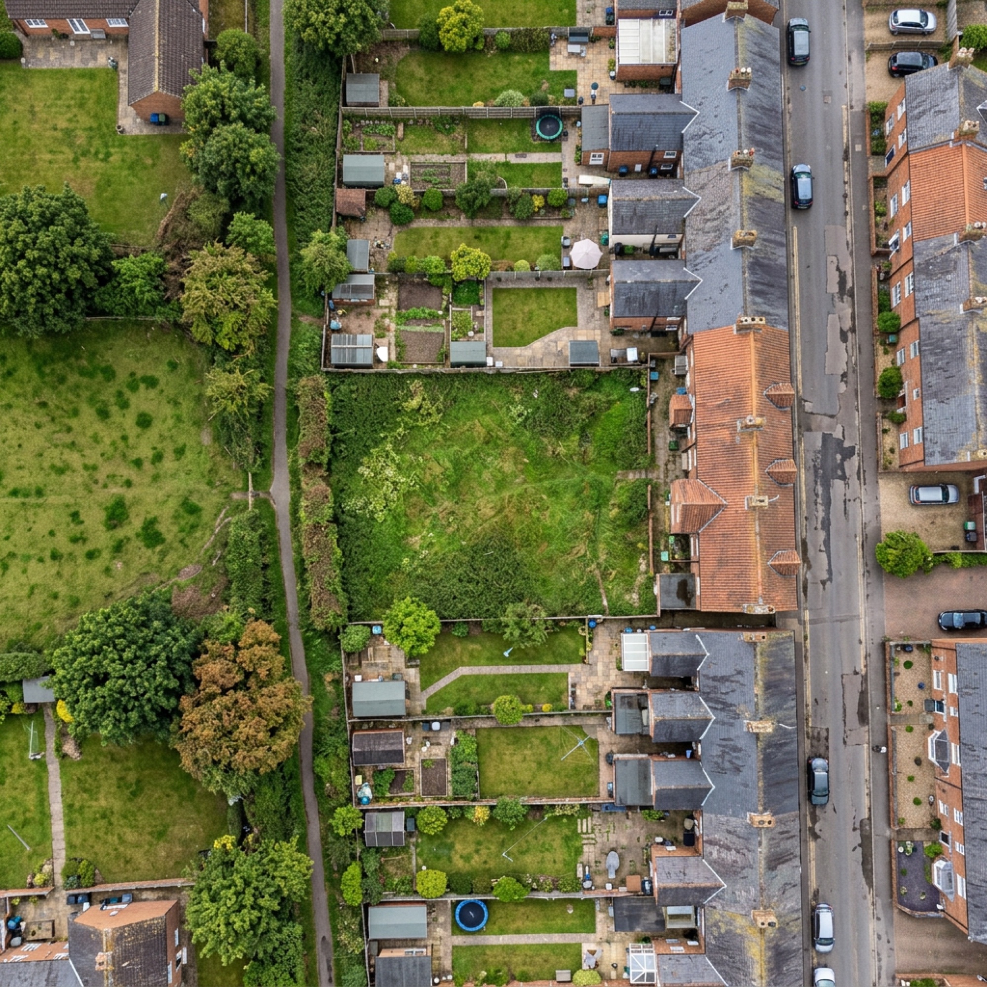 Aerial view of a development site with its boundary outlined