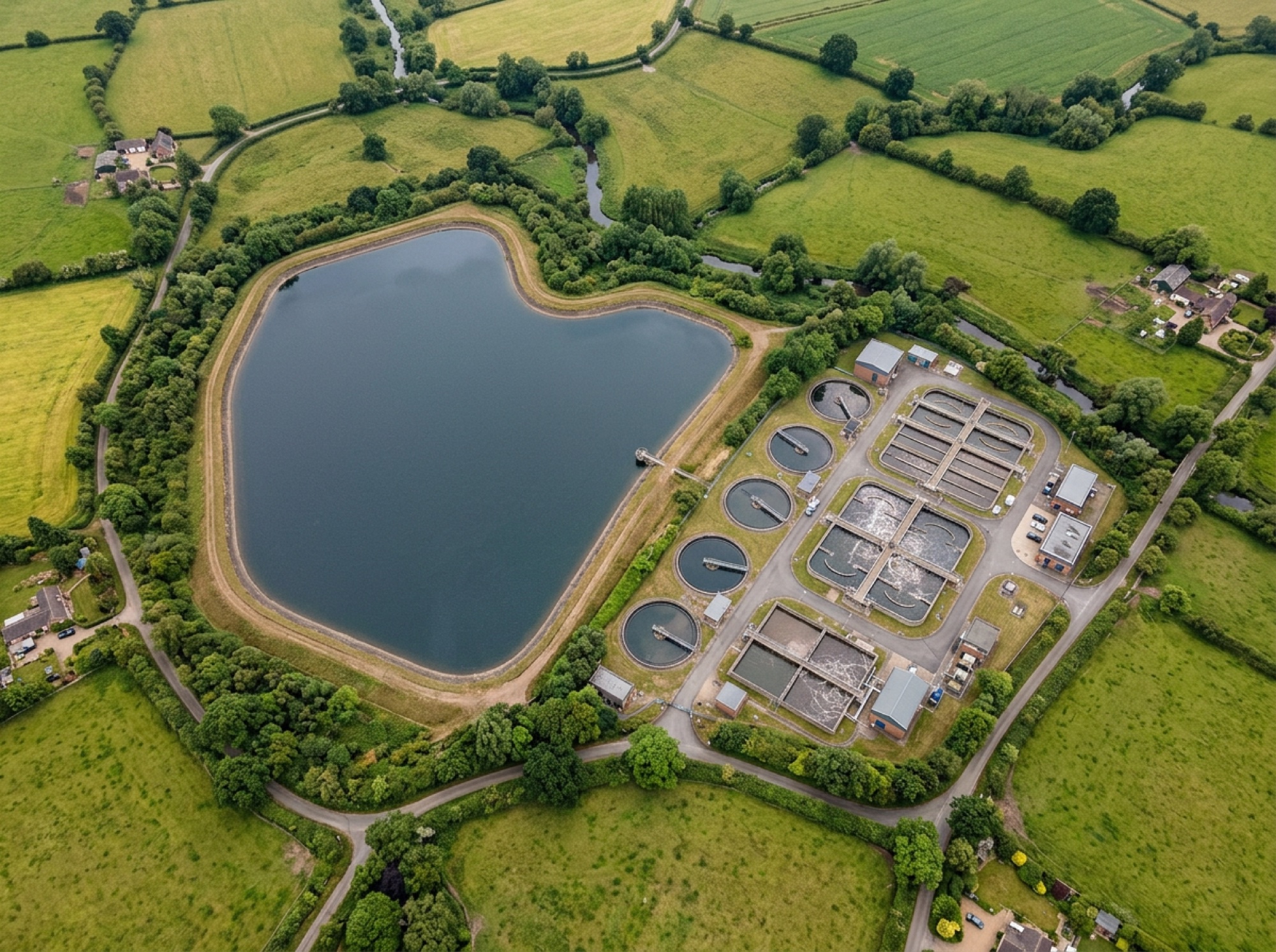 Aerial view of a reservoir and water treatment site