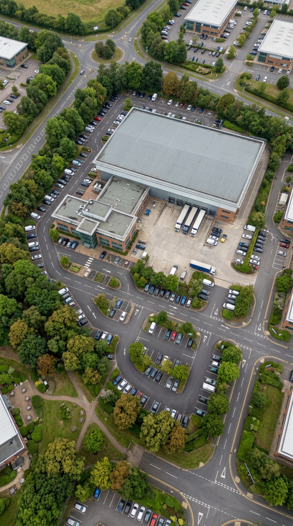 Business park landscape with commercial buildings