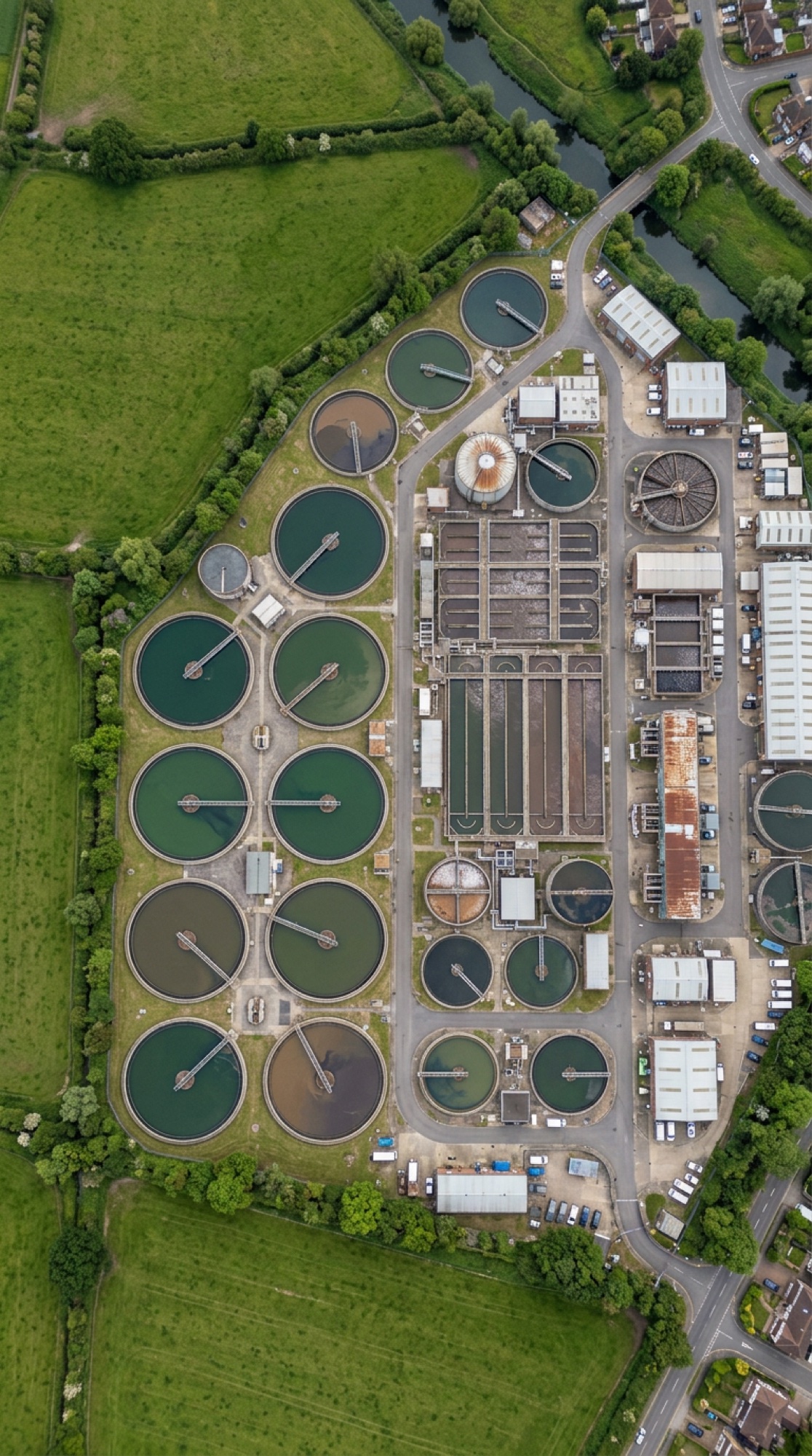 Wastewater treatment works with settlement tanks seen from above