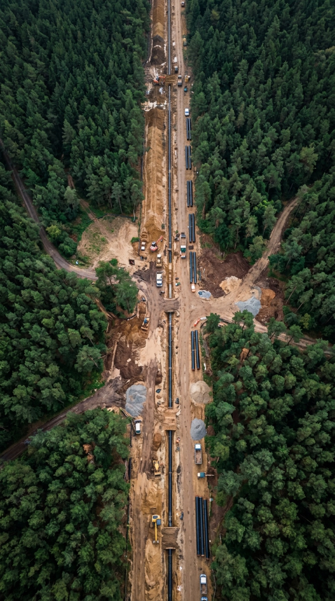Pine forest with a cleared route for a water main